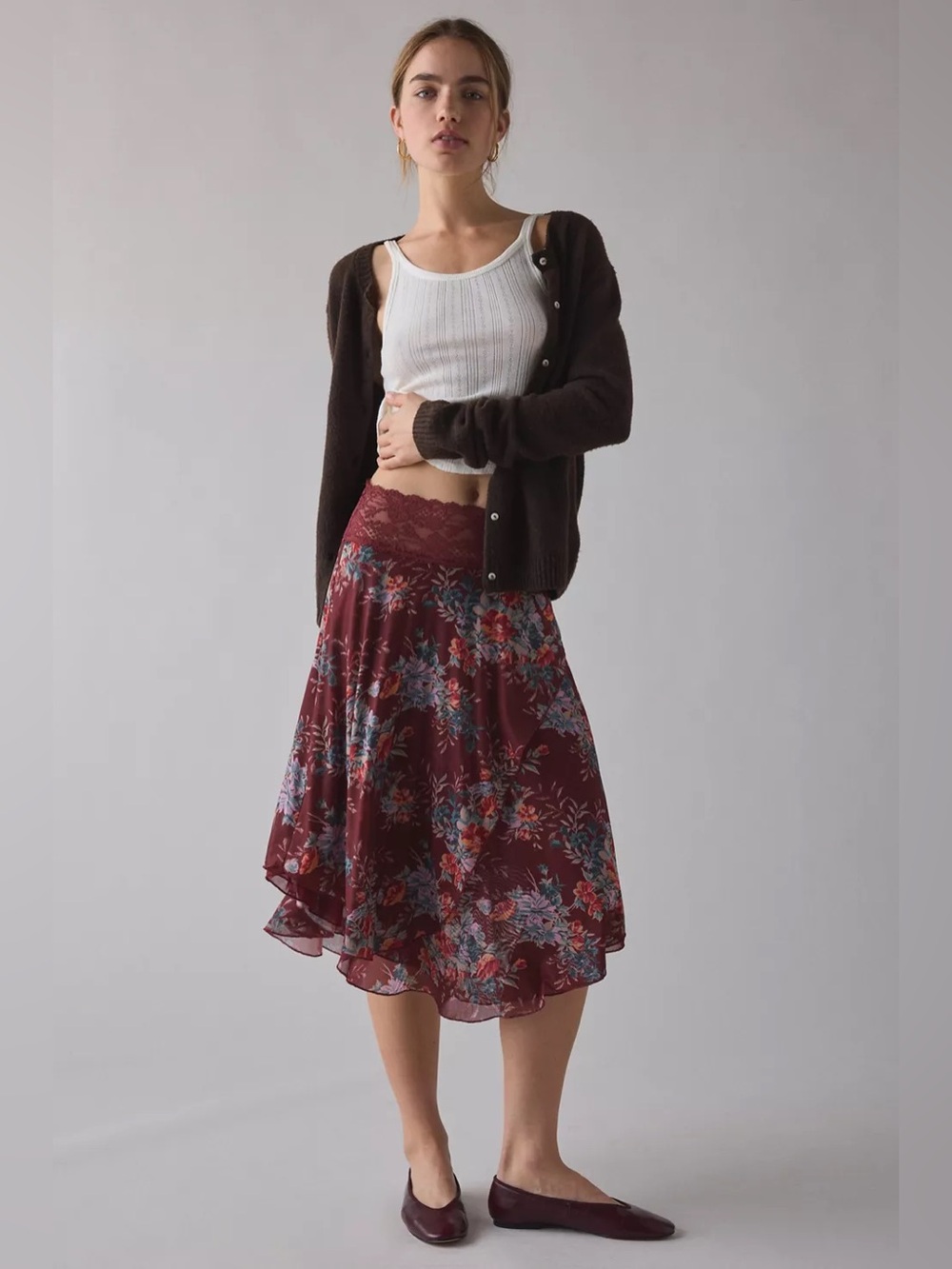 UO Kimchi Blue Ethereal Lace Trim Semi-Sheer Mesh Midi Skirt